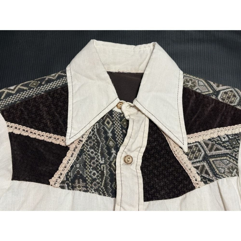 70s VINTAGE Patchwork Brown Cream ButtonDown Western Shirt Pinup Rockabilly Boho - Picture 3 of 10